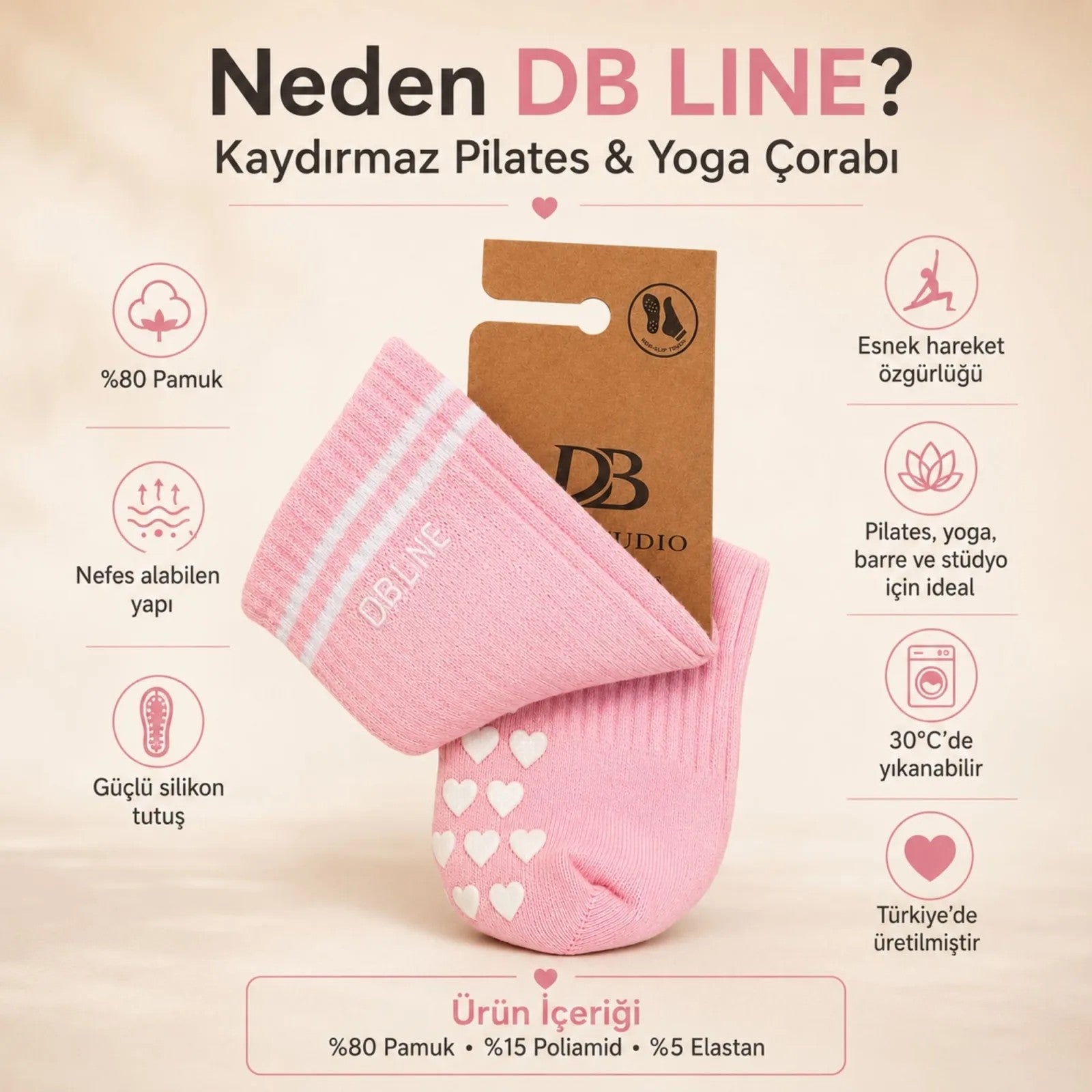 DB LINE Kaydırmaz Pilates Yoga Çorabı Pamuklu Silikon Tabanlı Barre Stüdyo Spor Çorabı