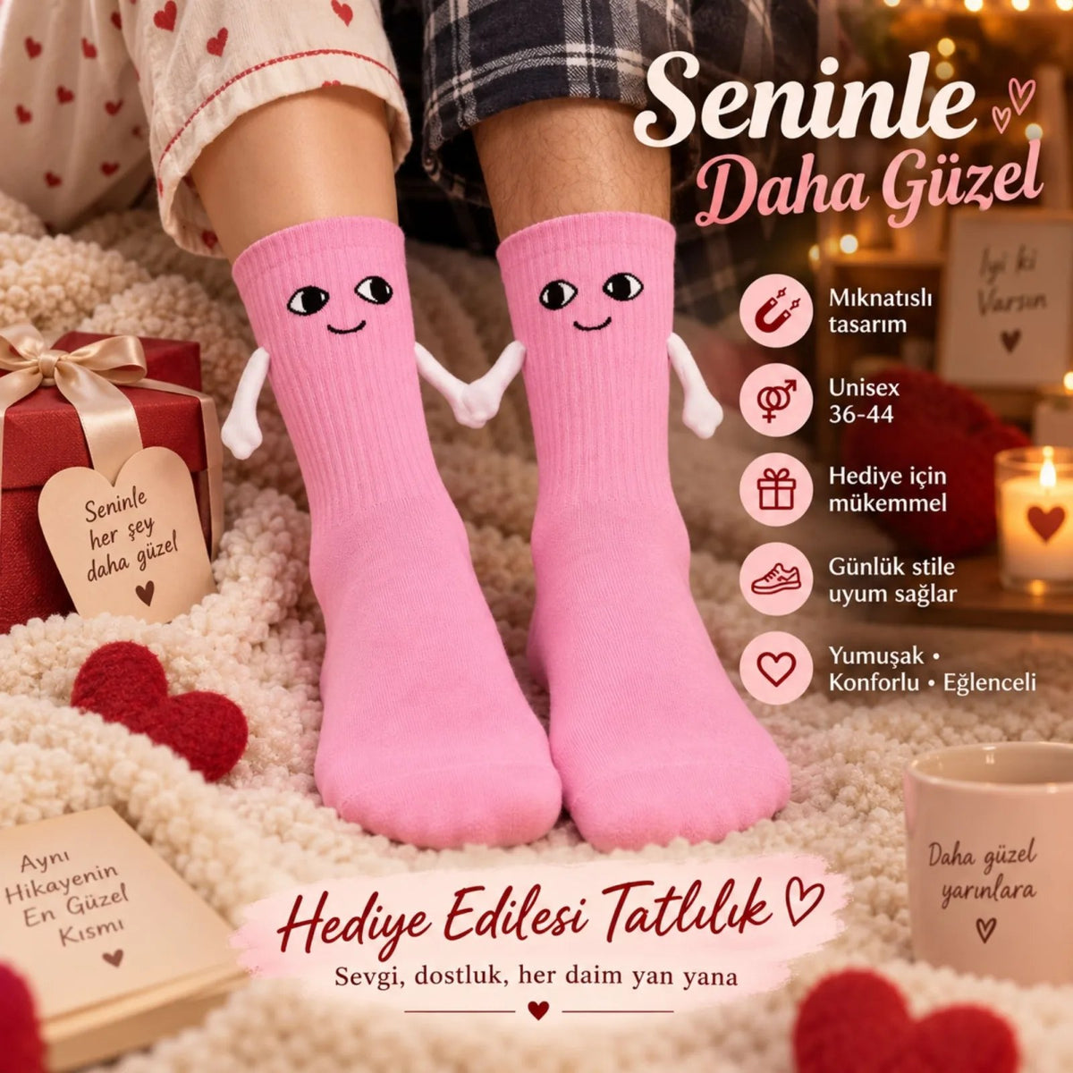 El Ele Tutuşan Mıknatıslı Sevimli Çorap 36-44 - Çift Hediyesi, Pamuklu Renkli Crew Model
