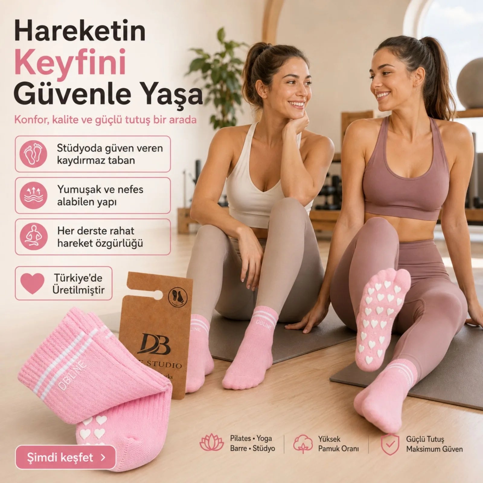 DB LINE Kaydırmaz Pilates Yoga Çorabı Pamuklu Silikon Tabanlı Barre Stüdyo Spor Çorabı