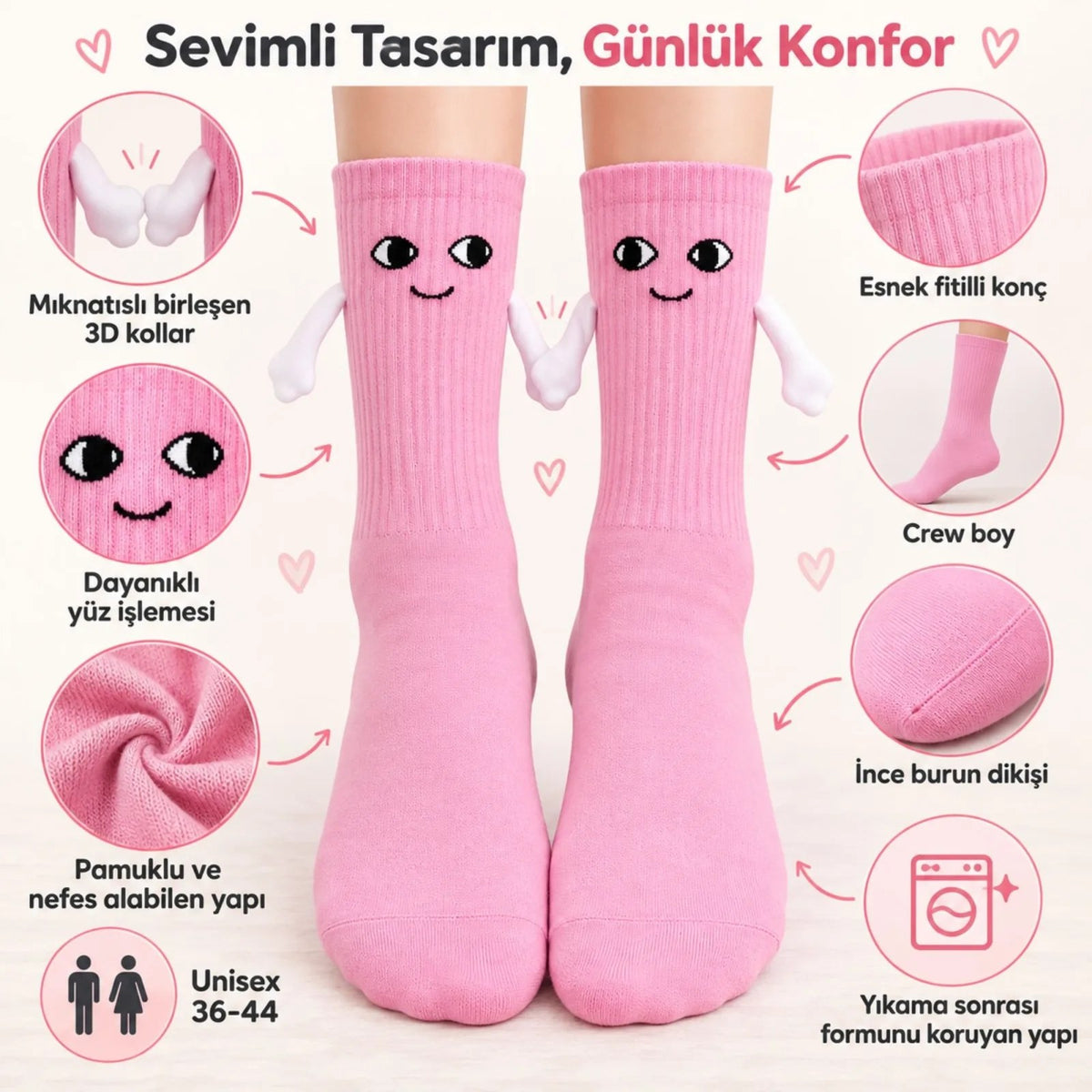 El Ele Tutuşan Mıknatıslı Sevimli Çorap 36-44 - Çift Hediyesi, Pamuklu Renkli Crew Model