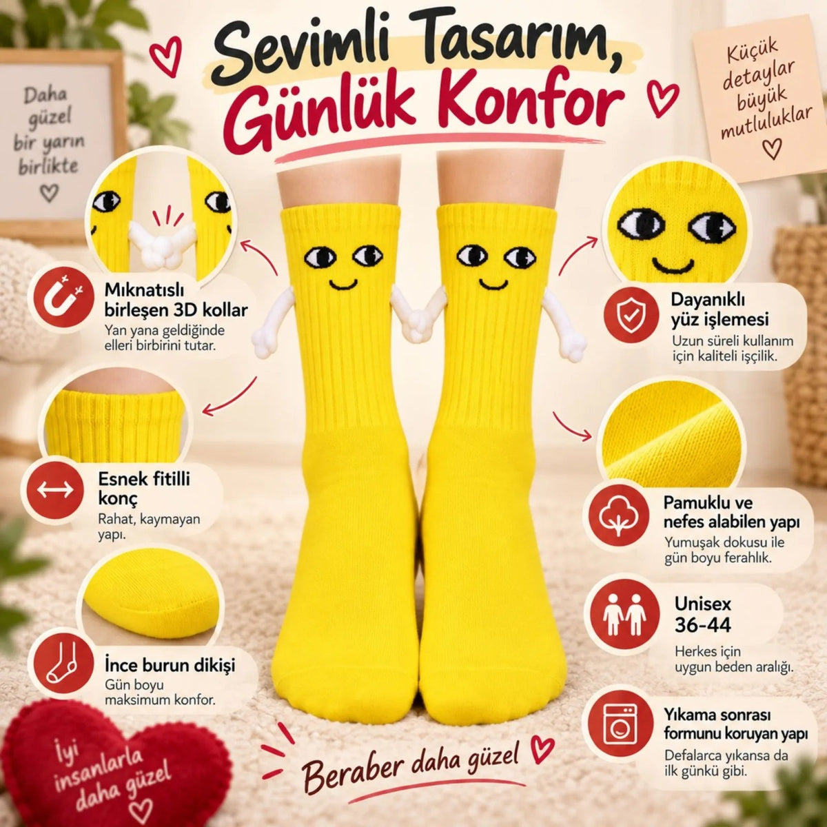 El Ele Tutuşan Mıknatıslı Sevimli Çorap 36-44 - Çift Hediyesi, Pamuklu Renkli Crew Model