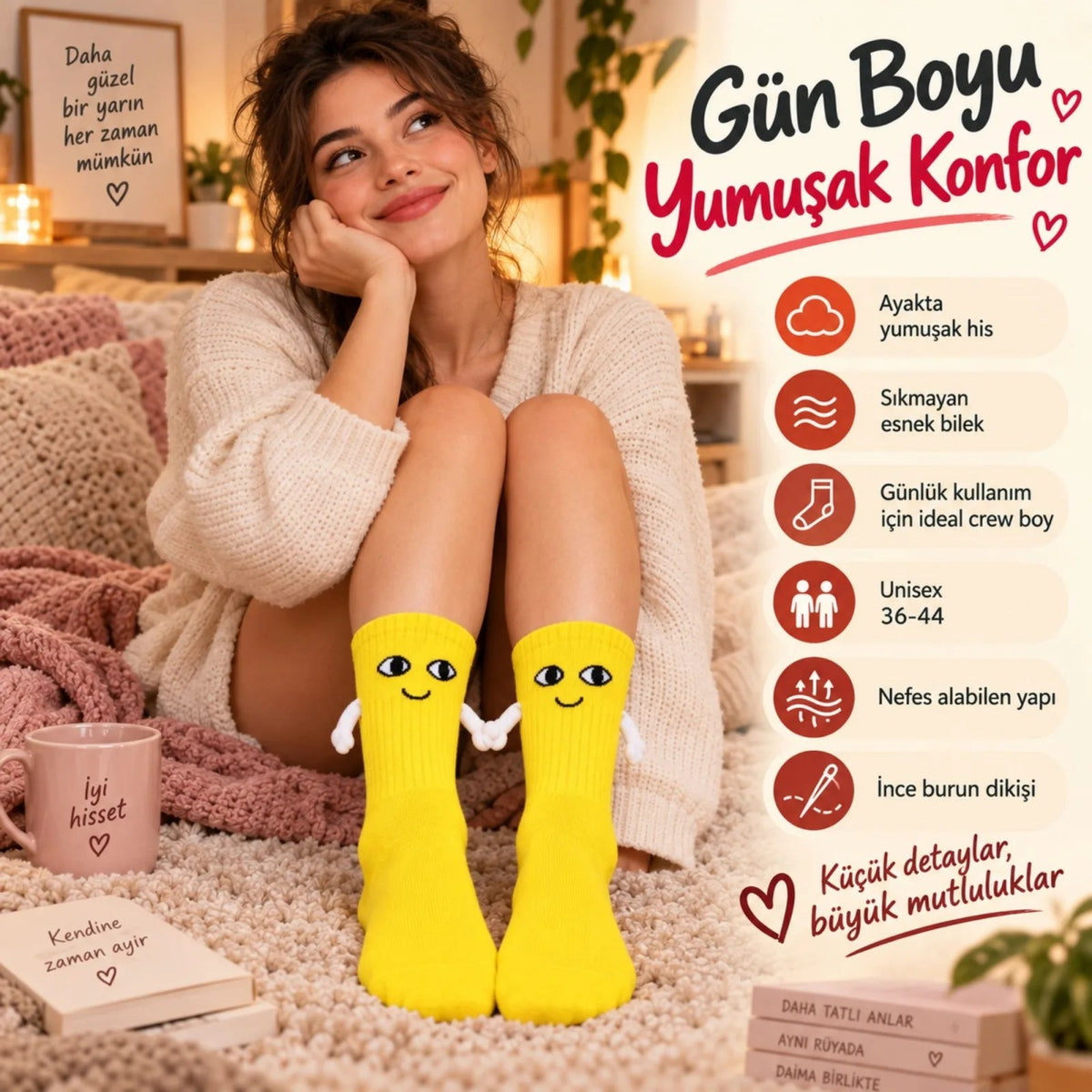 El Ele Tutuşan Mıknatıslı Sevimli Çorap 36-44 - Çift Hediyesi, Pamuklu Renkli Crew Model