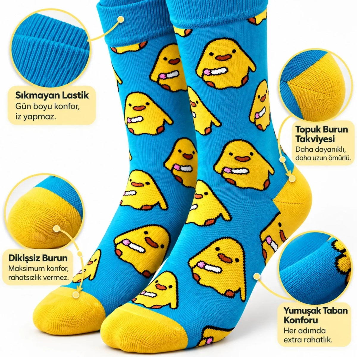 Renkli Civciv Desenli Unisex Çorap 3'lü Set | Yumuşak, Esnek, Konforlu ve Günlük Kullanıma Uygun