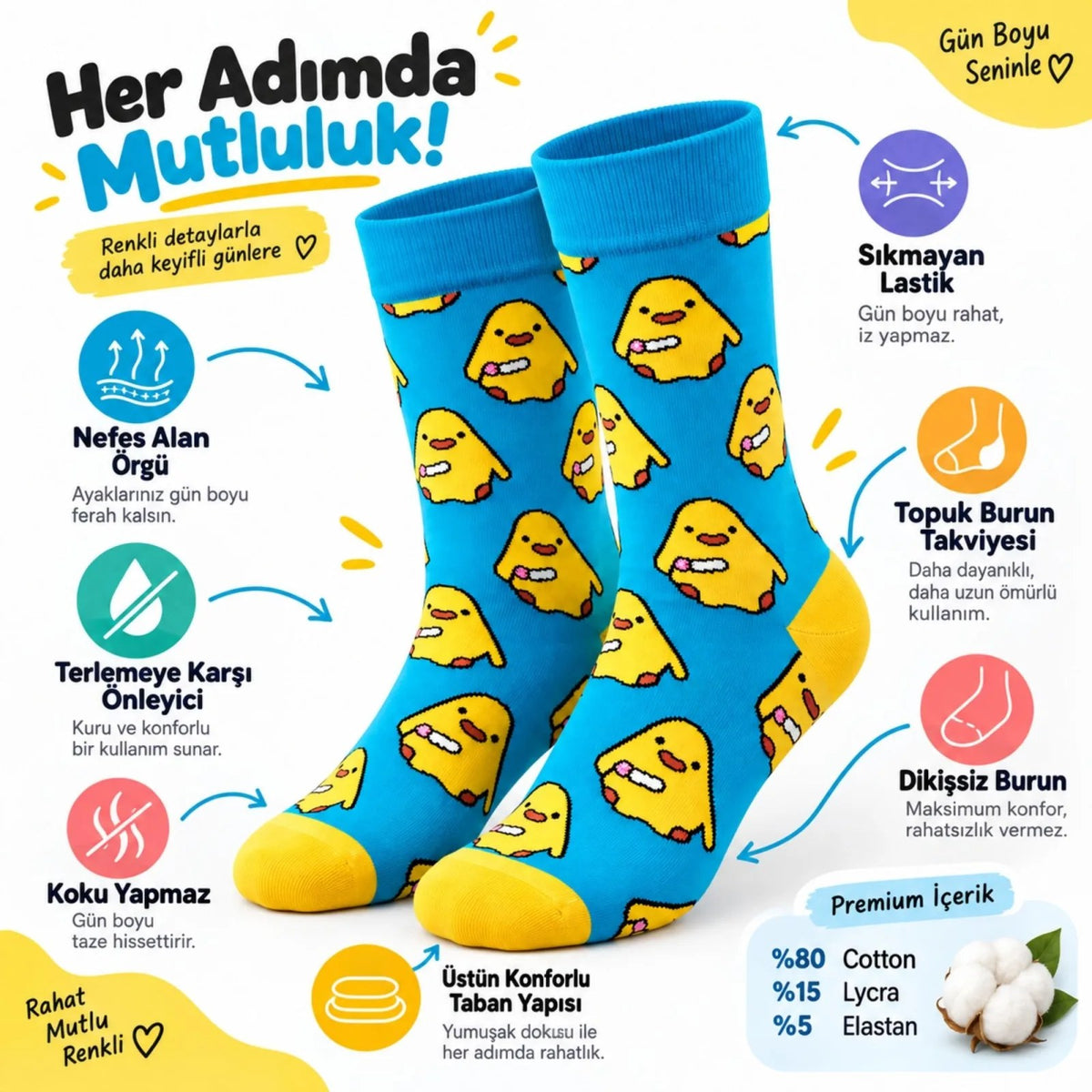 Renkli Civciv Desenli Unisex Çorap 3'lü Set | Yumuşak, Esnek, Konforlu ve Günlük Kullanıma Uygun