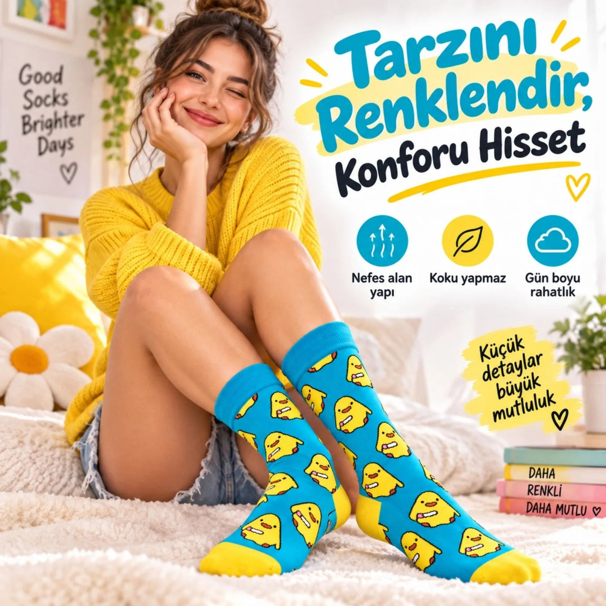 Renkli Civciv Desenli Unisex Soket Çorap | Yumuşak, Esnek ve Konforlu Günlük Kullanım 6'lı Set