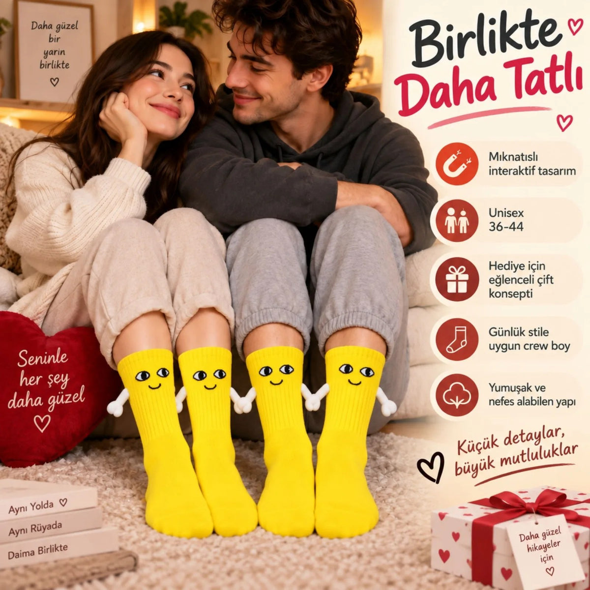 El Ele Tutuşan Mıknatıslı Sevimli Çorap 36-44 - Çift Hediyesi, Pamuklu Renkli Crew Model