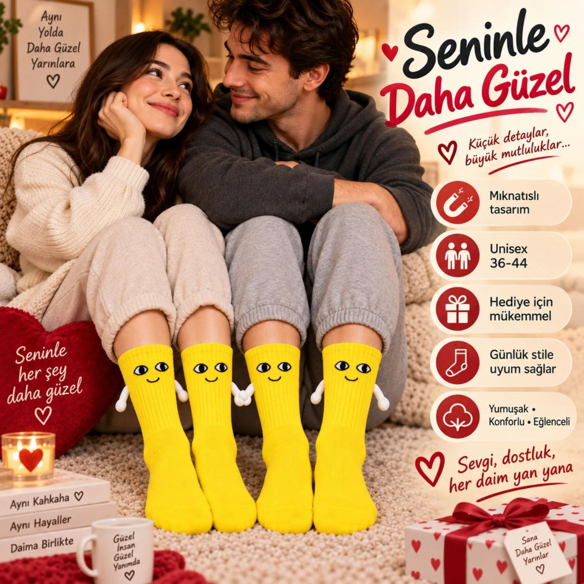 El Ele Tutuşan Mıknatıslı Sevimli Çorap 36-44 - Çift Hediyesi, Pamuklu Renkli Crew Model