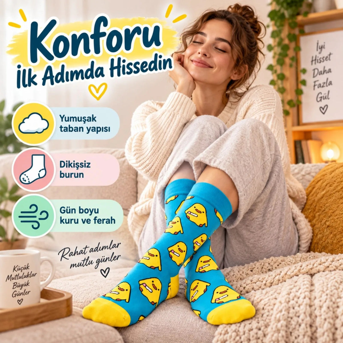 Renkli Civciv Desenli Unisex Çorap 3'lü Set | Yumuşak, Esnek, Konforlu ve Günlük Kullanıma Uygun