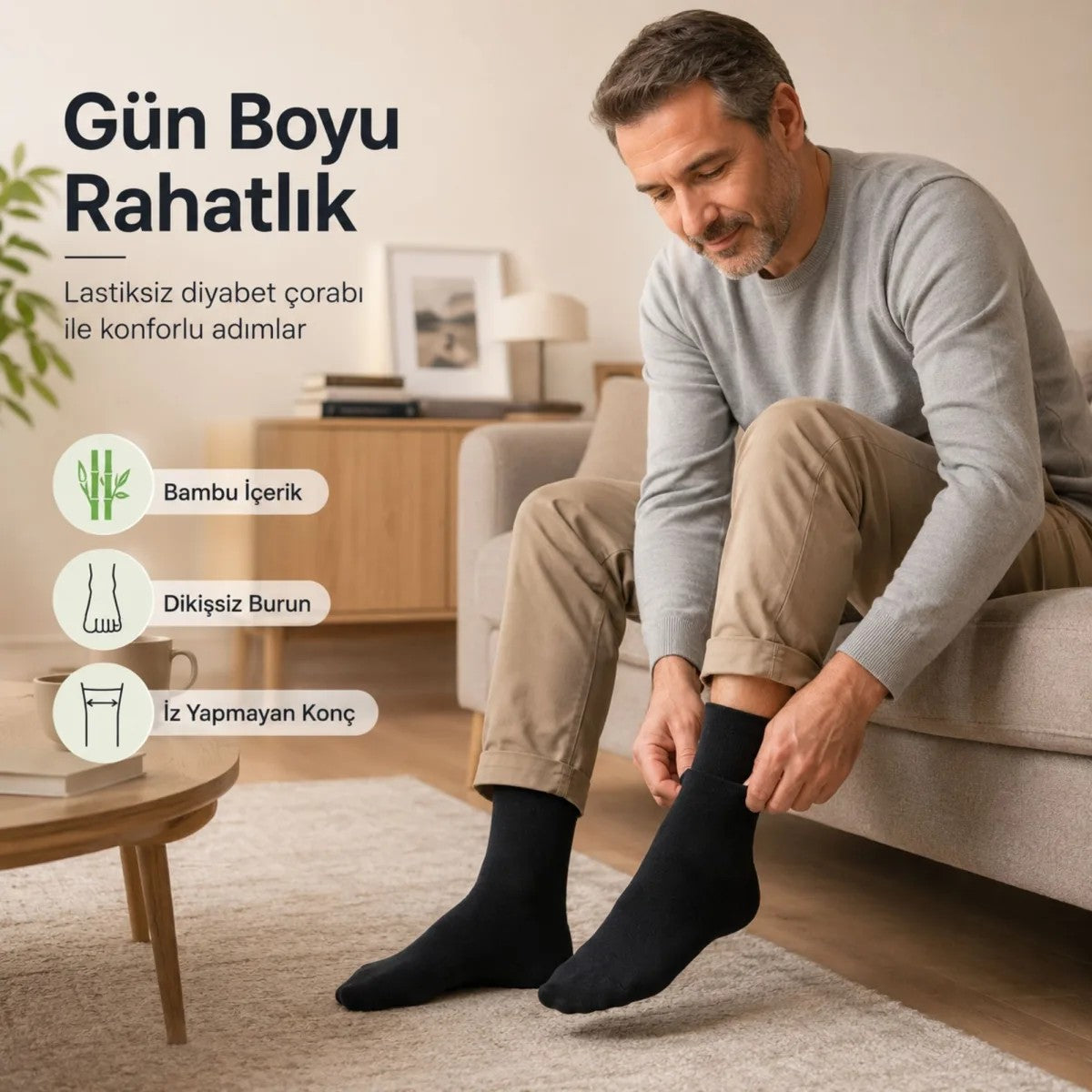 Bambu Diyabet Çorabı 3'lü Lastiksiz Dikişsiz Burun Siyah Uzun Konç Hassas Ayaklar İçin