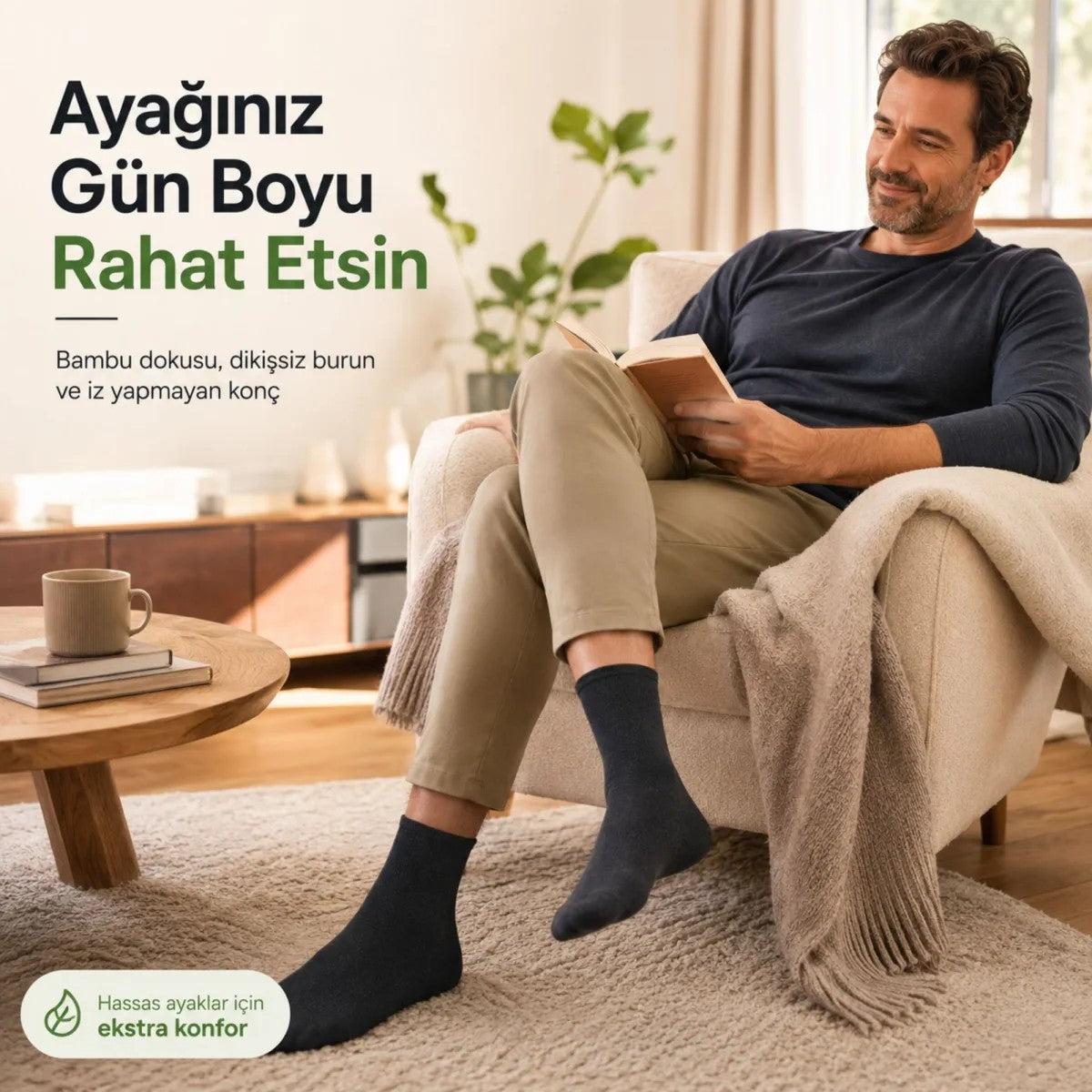 Bambu Diyabet Çorabı 3'lü Lastiksiz Dikişsiz Burun Siyah Uzun Konç Hassas Ayaklar İçin