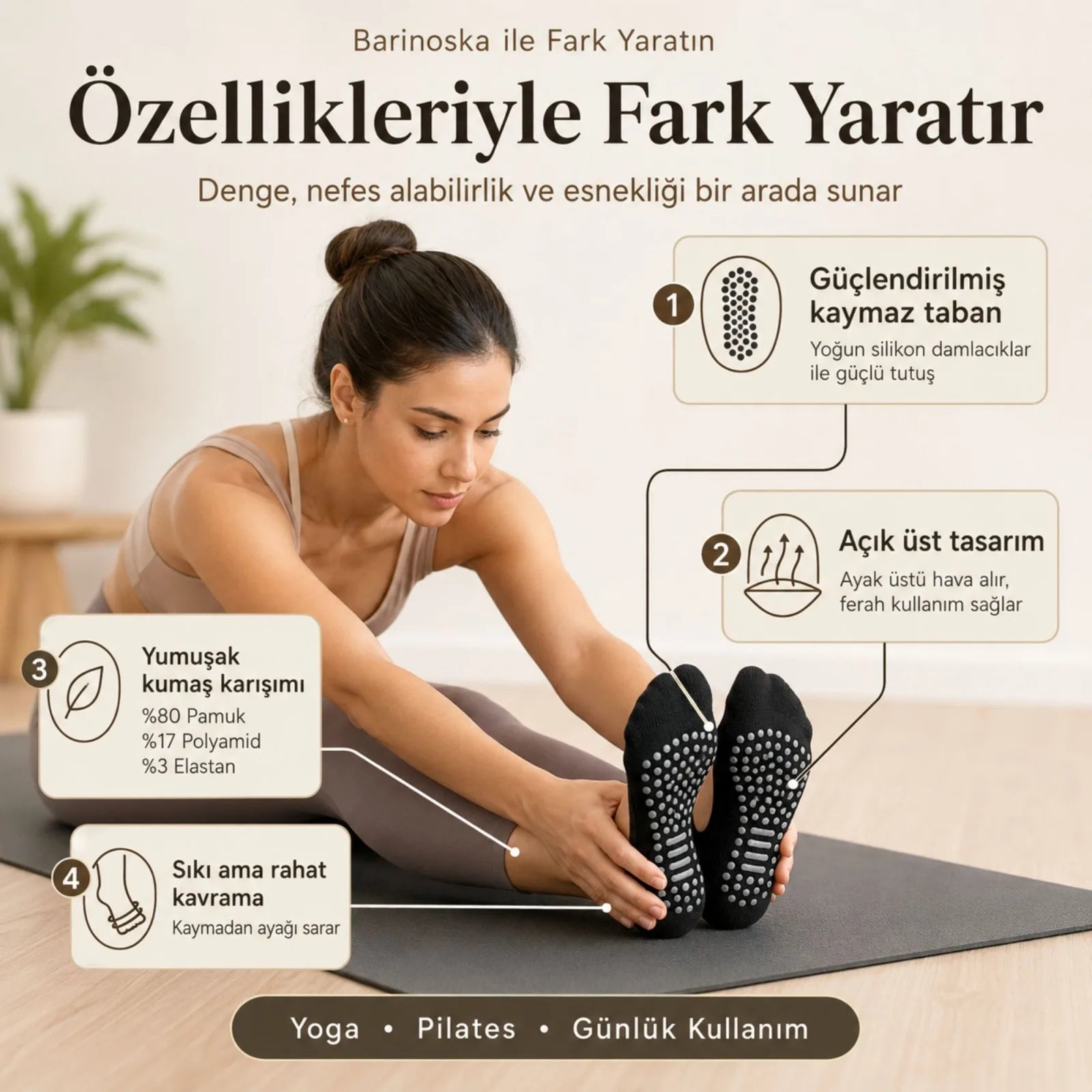 Kaymaz Taban 6'lı Yoga ve Pilates Çorabı Siyah Kadın, Silikon Tabanlı Nefes Alabilir Bilek Bantlı Çorap, Ev Yoga Pilates Trambolin Umre İçin
