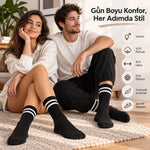 Unisex Siyah Çorap Beyaz Çizgili 12'li Set Uzun Soket Günlük Spor Kolej Stil Kadın Erkek Çorabı