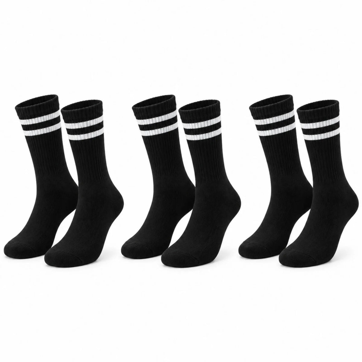 Siyah Çorap Beyaz Çizgili 3'lü Set Unisex Uzun Soket Günlük Spor Rahat Kolej Stil Çorap Seti