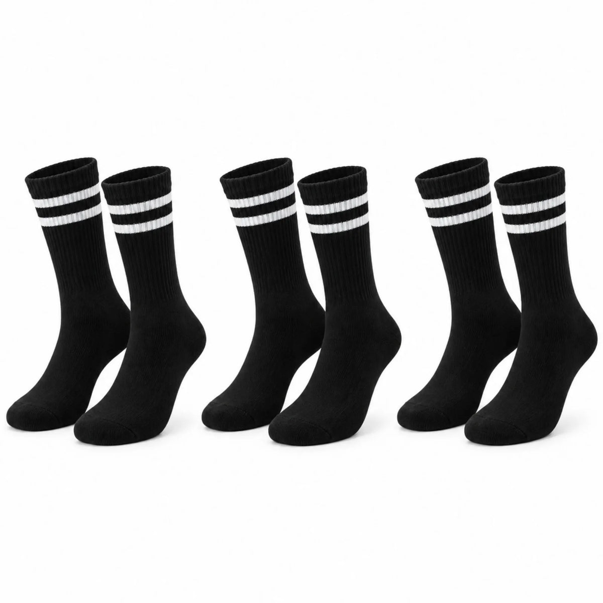 Siyah Çorap Beyaz Çizgili 3'lü Set Unisex Uzun Soket Günlük Spor Rahat Kolej Stil Çorap Seti