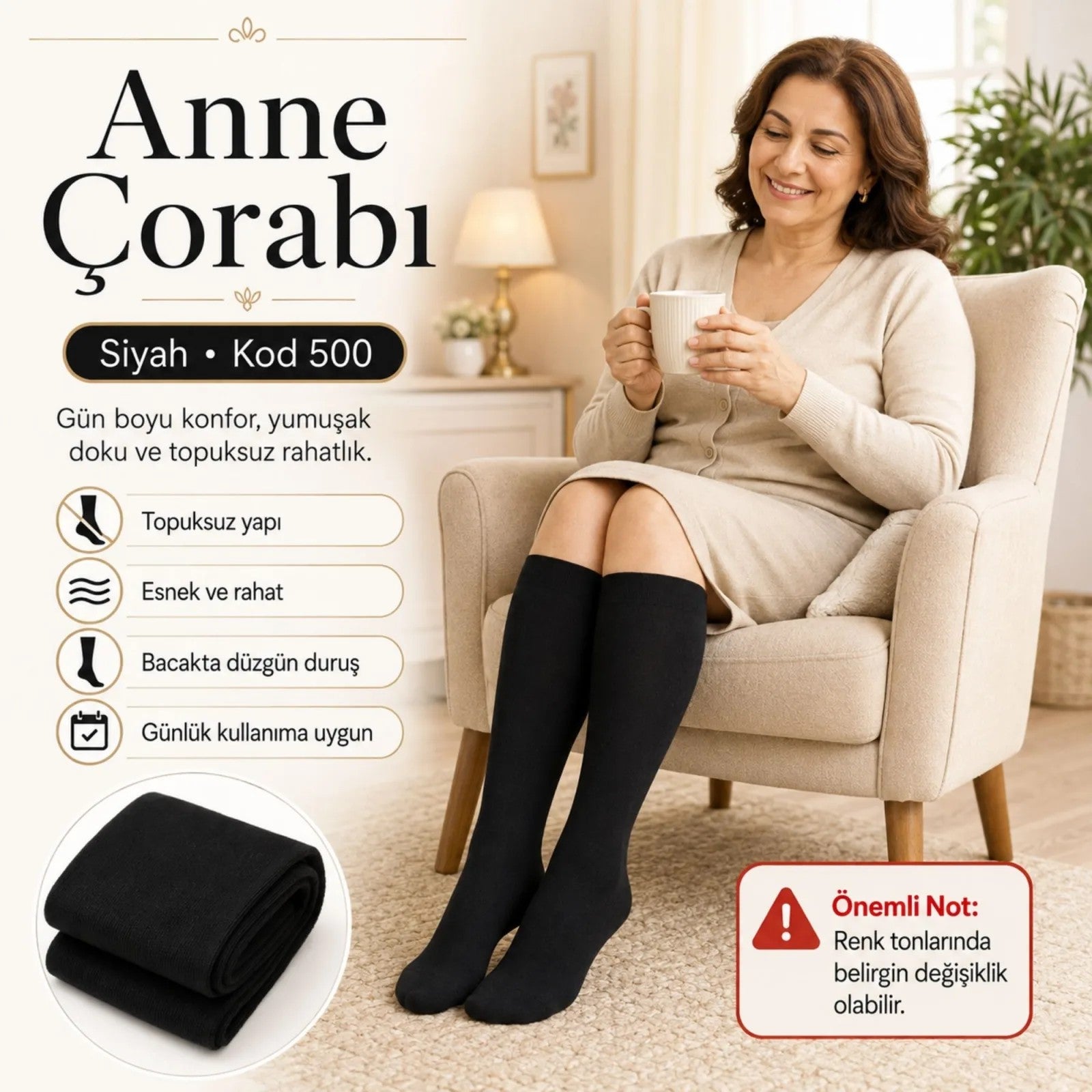 Kadın 70 Denye 6'lı Kalın Anne Çorabı Dizaltı Topuksuz Esnek Günlük Kullanım Çorabı Ten Siyah Bronz Vizon