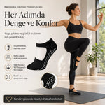 Kaymaz Taban 6'lı Yoga ve Pilates Çorabı Siyah Kadın, Silikon Tabanlı Nefes Alabilir Bilek Bantlı Çorap, Ev Yoga Pilates Trambolin Umre İçin