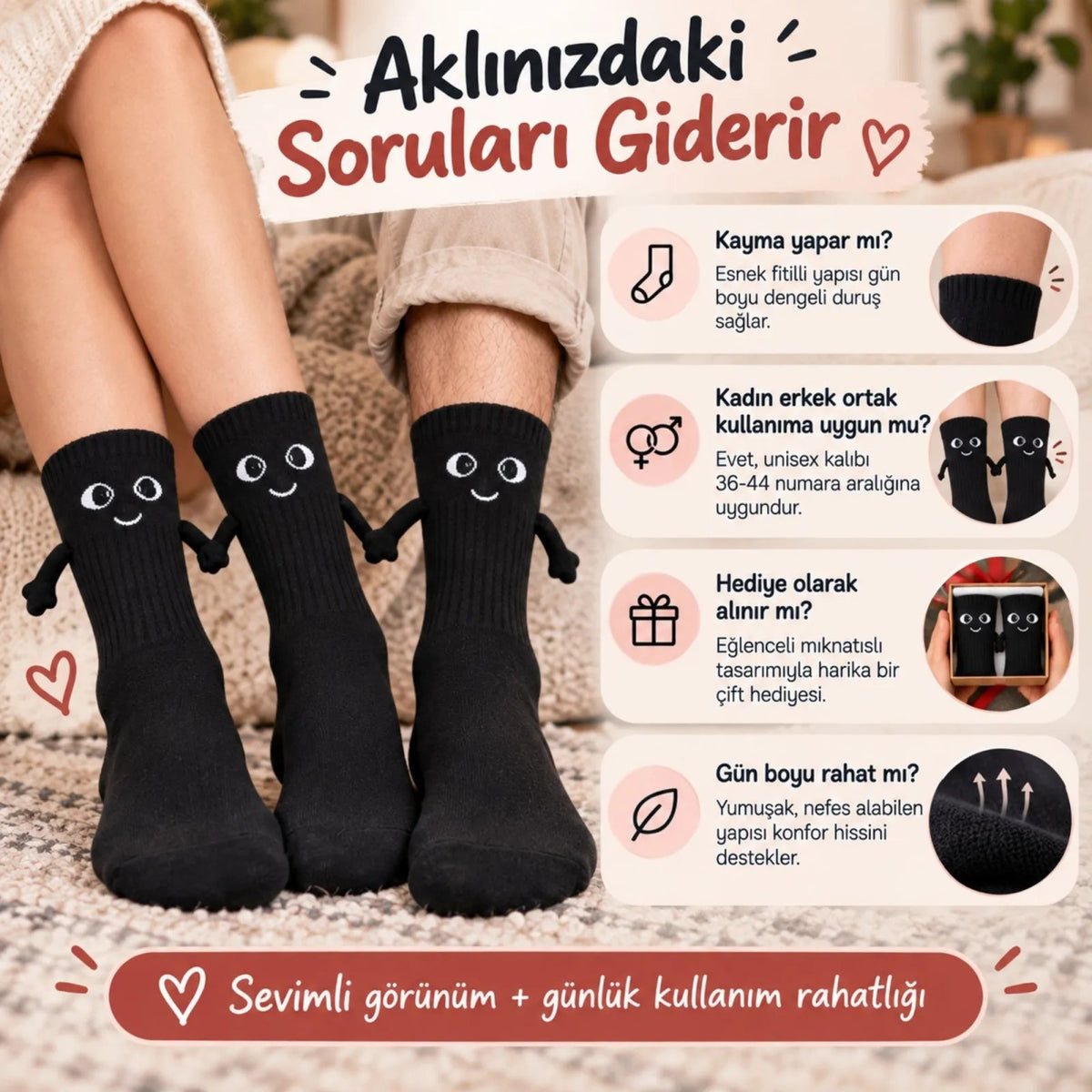 El Ele Tutuşan Mıknatıslı Sevimli Çorap 36-44 - Çift Hediyesi, Pamuklu Renkli Crew Model