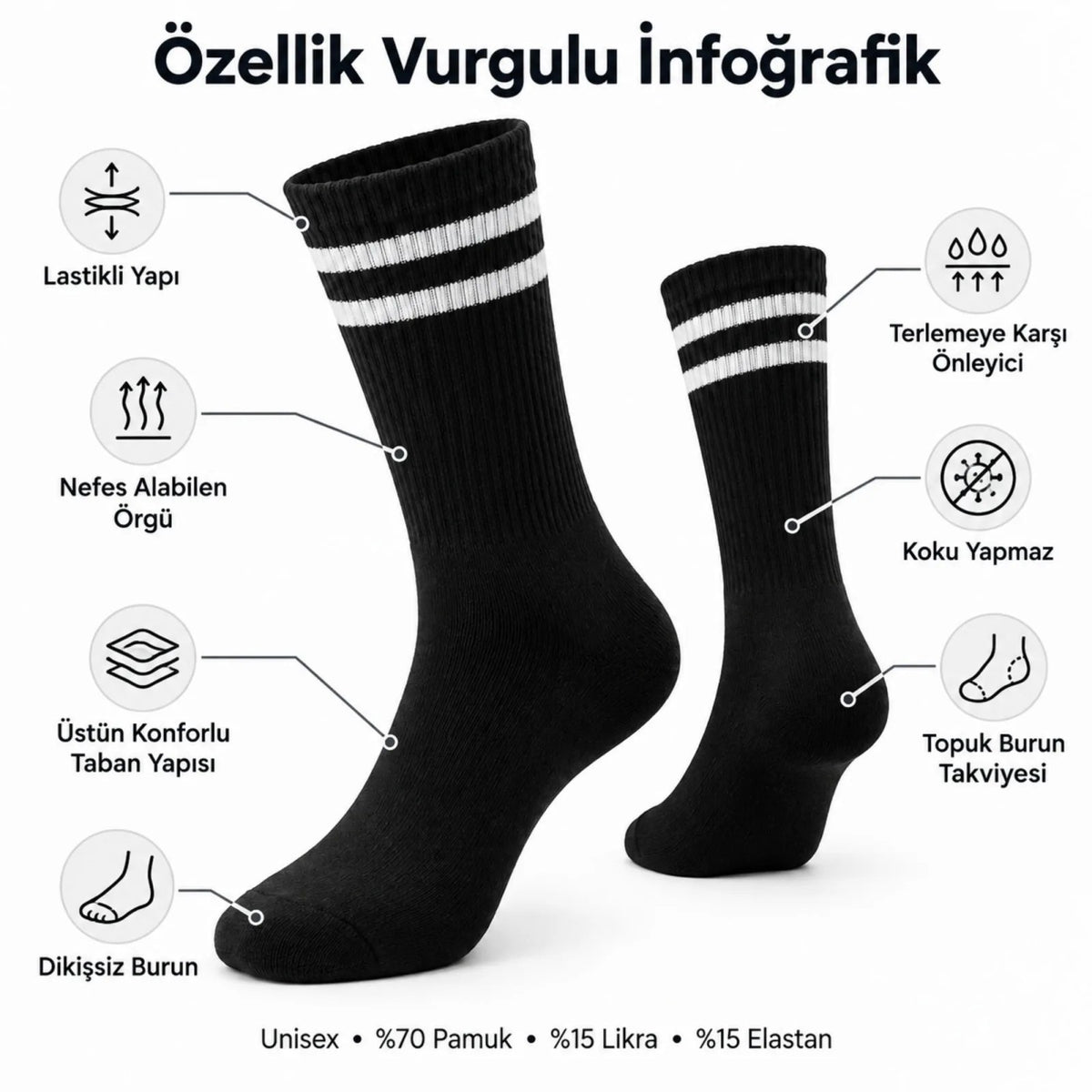 Unisex Siyah Çorap Beyaz Çizgili 9'lu Set Uzun Soket Günlük Spor Kolej Stil Rahat Kadın Erkek Çorabı