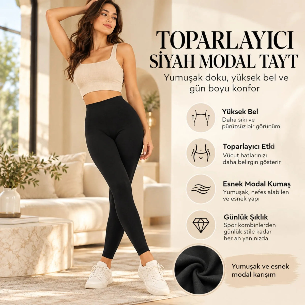 Kadın Toparlayıcı Siyah Modal 3'lü Tayt Yüksek Bel Esnek Rahat Günlük Spor Vücut Şekillendirici Tayt