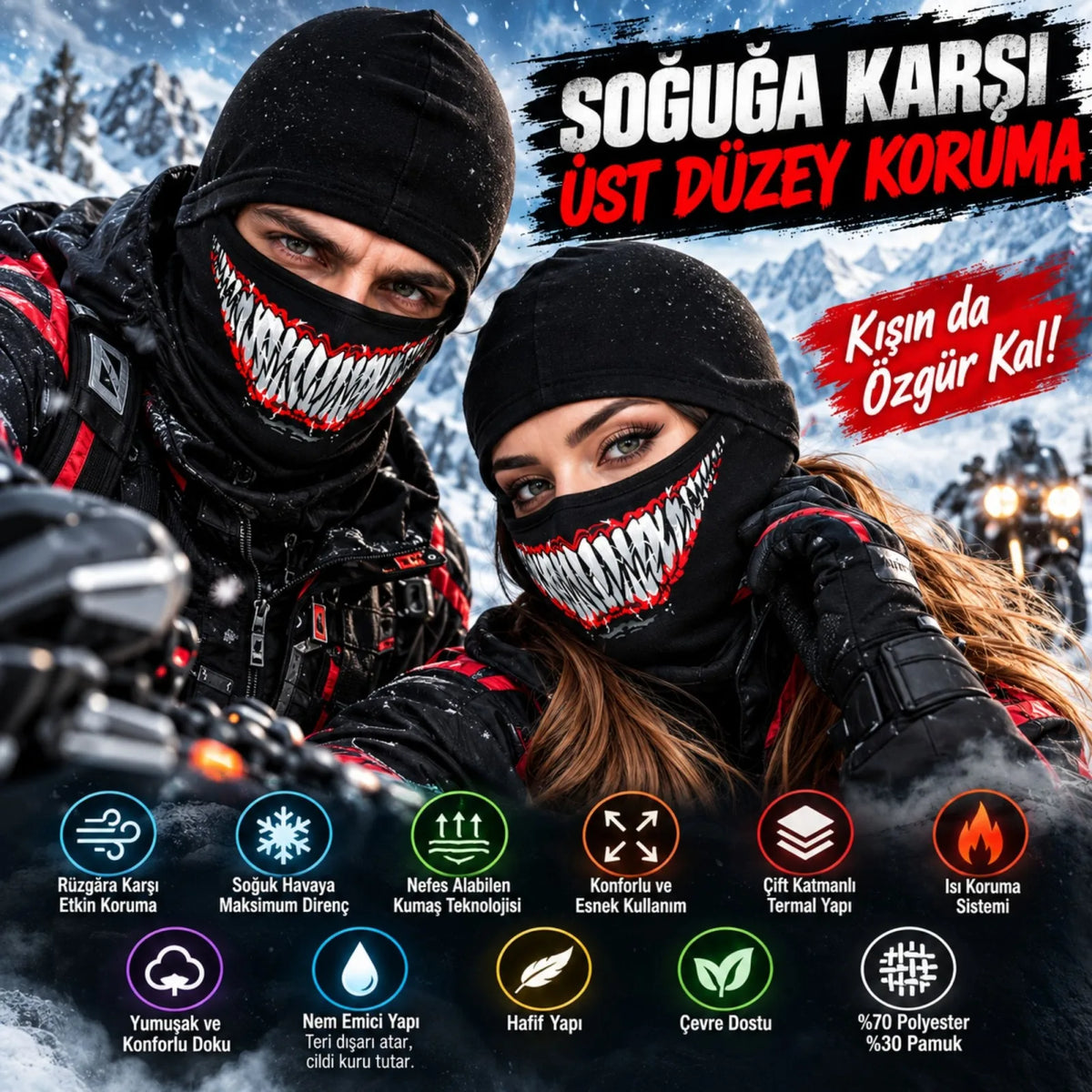 Unisex Tam Yüz Balaklava Diş Desenli Kışlık Maske Nefes Alan Esnek Kask Altı Boyunluk Yumuşak Viskoz