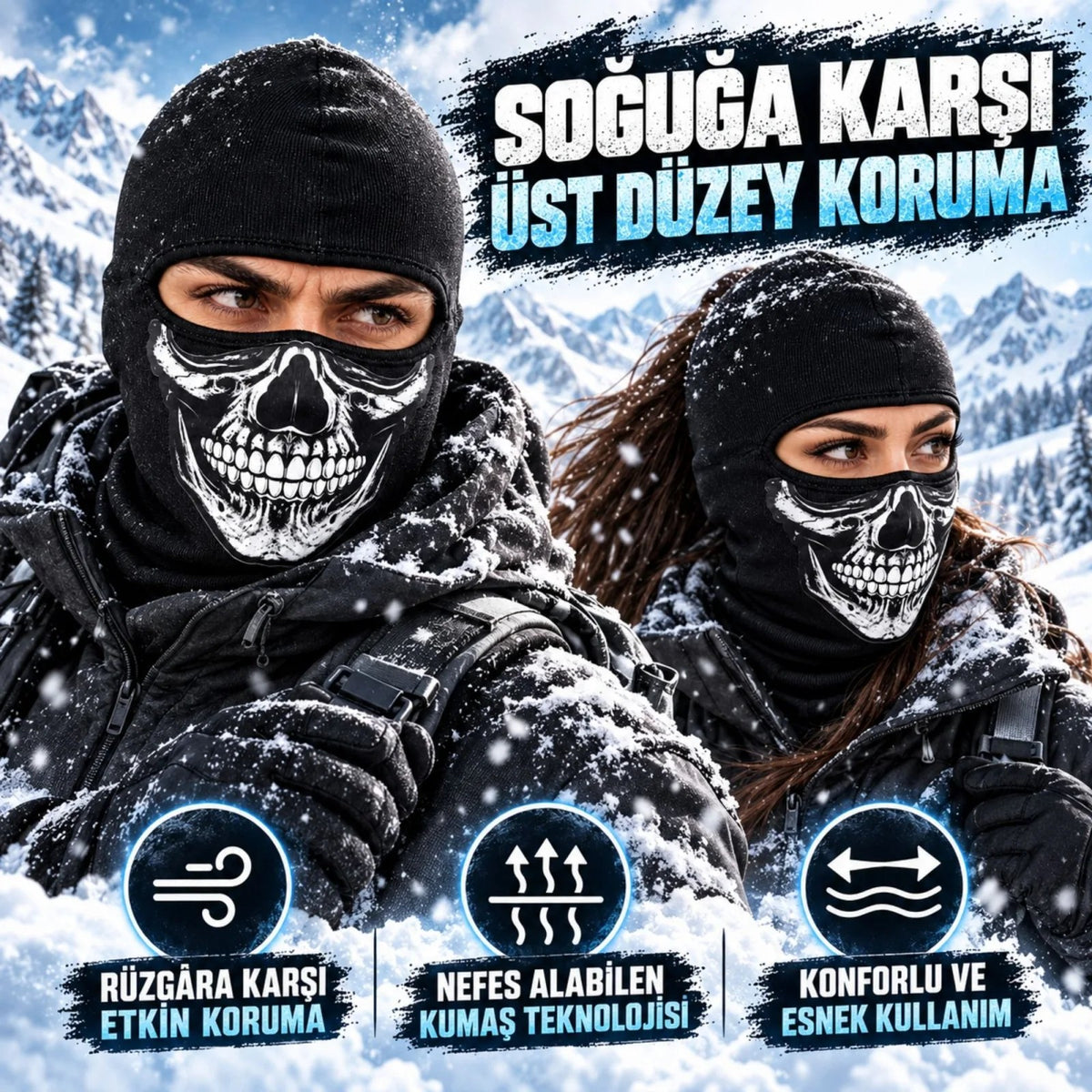 Unisex Kurukafa Desenli Balaklava Kışlık Tam Yüz Maske Nefes Alan Esnek Kask Altı Boyunluk Siyah Set