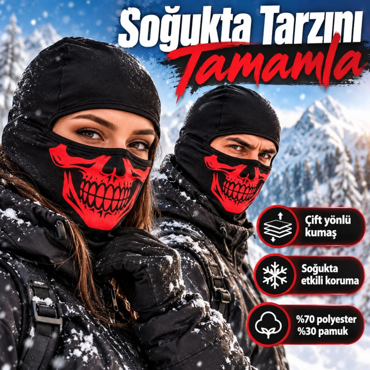 Unisex Kırmızı Kurukafa Desenli Balaklava Kar Maskesi | Siyah Tam Kafa Boyunluk Motorcu Yüz Maskesi!
