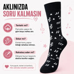 Müzik Notalı Kadın Soket Çorap 36-40 Pamuklu Dikişsiz Burun Siyah Beyaz Uzun Konç
