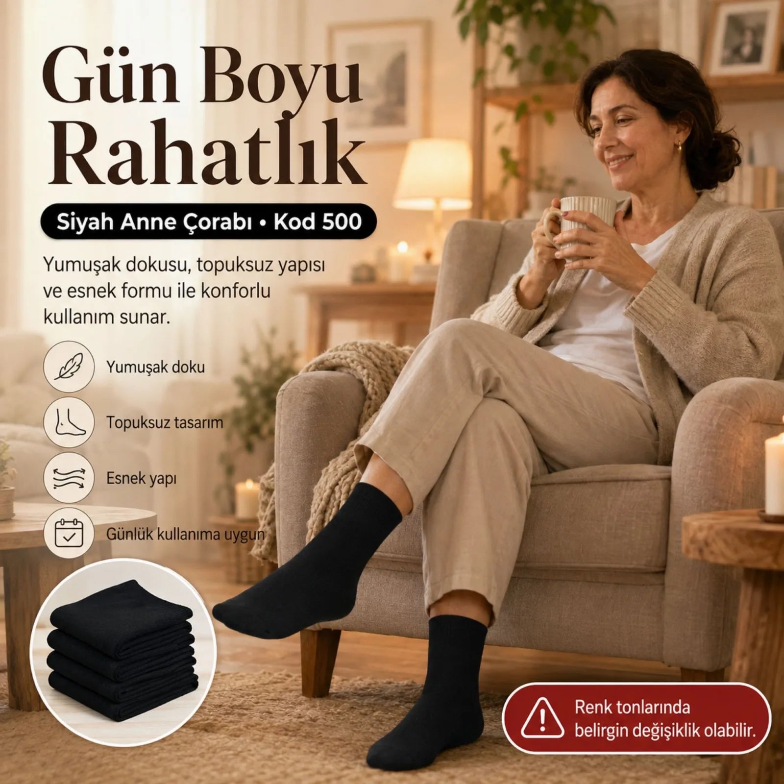 Kadın 70 Denye 12'li Kalın Anne Çorabı Dizaltı Topuksuz Esnek Günlük Kullanım Çorabı Ten Siyah Bronz Vizon