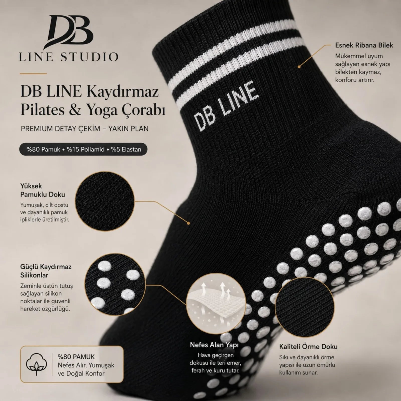 DB LINE Kaydırmaz 8'li Pilates Yoga Çorabı Pamuklu Silikon Tabanlı Barre Stüdyo Spor Çorabı