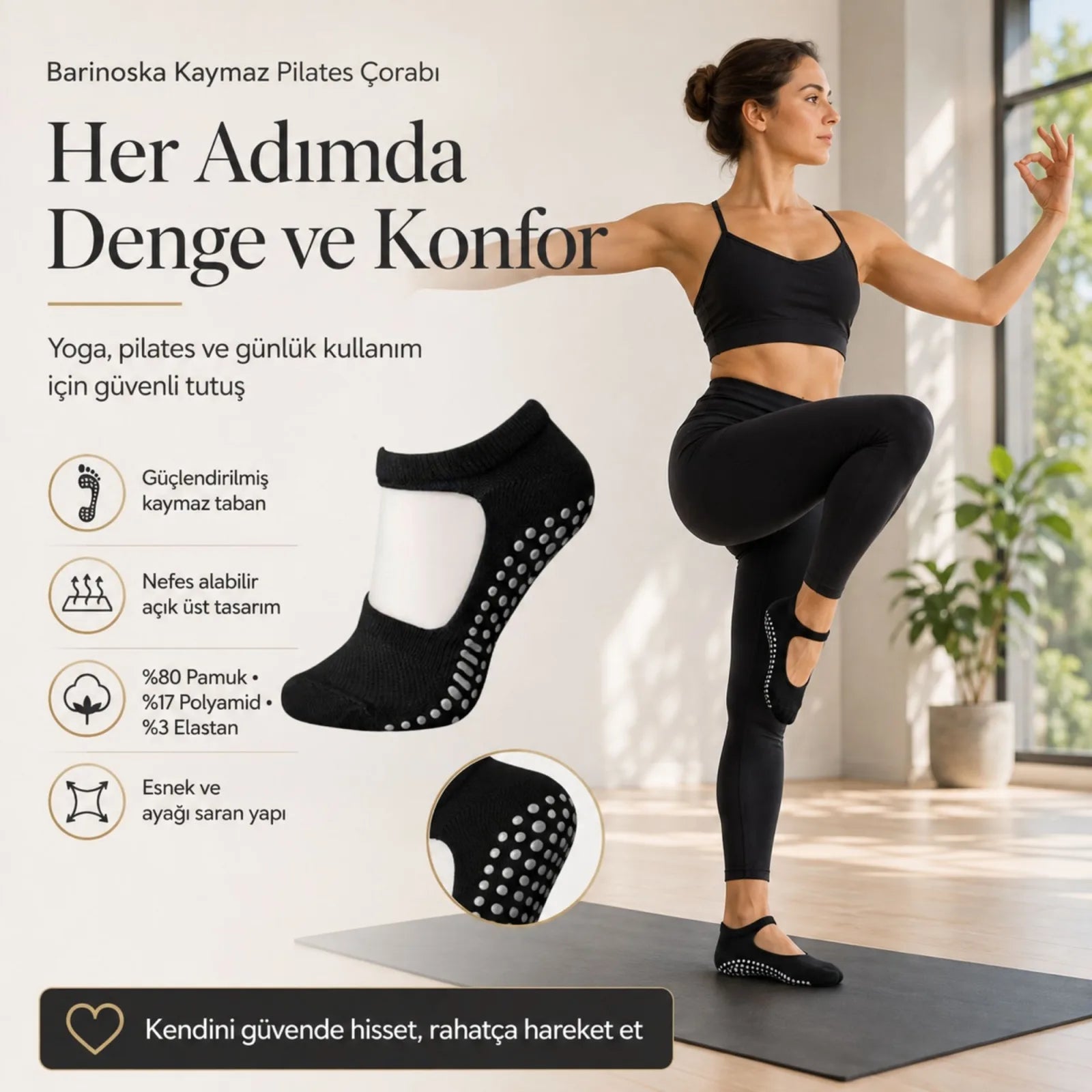 Kaymaz Taban 3'lü Yoga ve Pilates Çorabı Siyah Kadın, Silikon Tabanlı Nefes Alabilir Bilek Bantlı Çorap, Ev Yoga Pilates Trambolin Umre İçin
