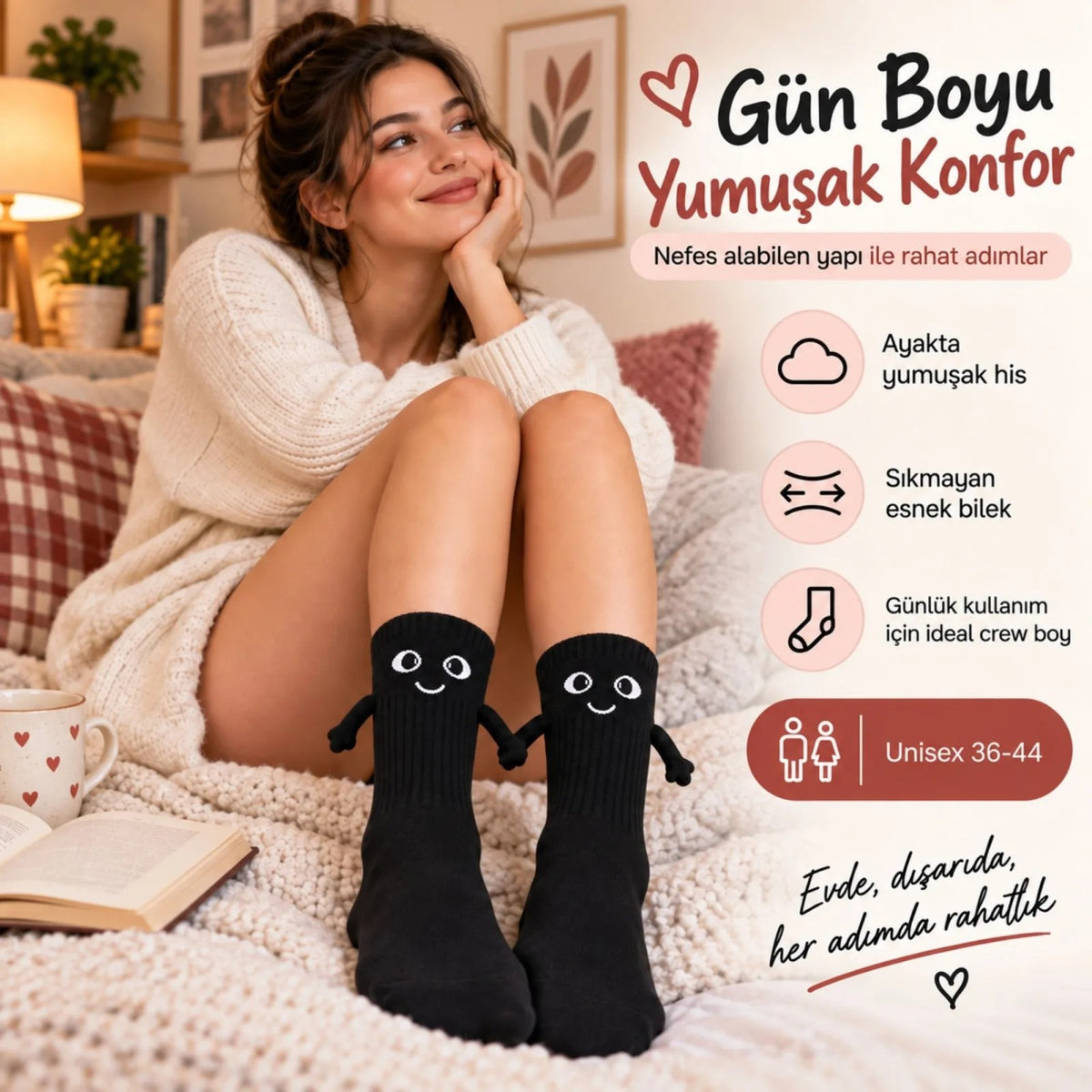 El Ele Tutuşan Mıknatıslı Sevimli Çorap 36-44 - Çift Hediyesi, Pamuklu Renkli Crew Model