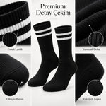Unisex Siyah Çorap Beyaz Çizgili 12'li Set Uzun Soket Günlük Spor Kolej Stil Kadın Erkek Çorabı