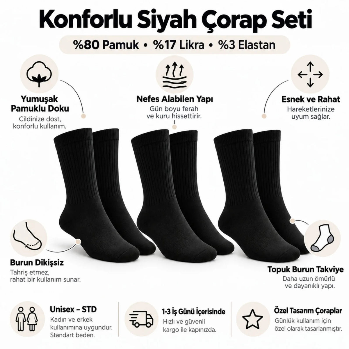 Unisex Siyah Soket Çorap 3'lü Set Düz Basic Ribanalı Günlük Spor Esnek Rahat Uzun Çorap Konforlu Set