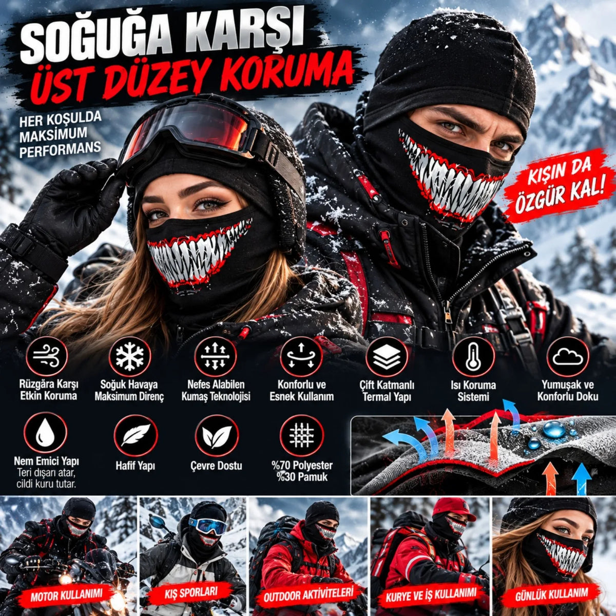Unisex Tam Yüz Balaklava Diş Desenli Kışlık Maske Nefes Alan Esnek Kask Altı Boyunluk Yumuşak Viskoz