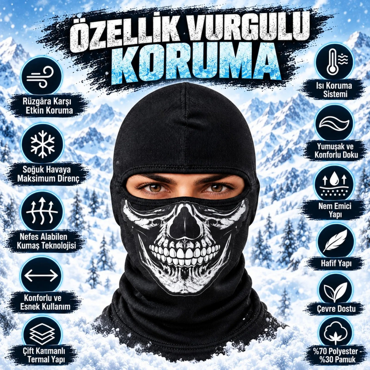 Unisex Kurukafa Desenli Balaklava Kışlık Tam Yüz Maske Nefes Alan Esnek Kask Altı Boyunluk Siyah Set