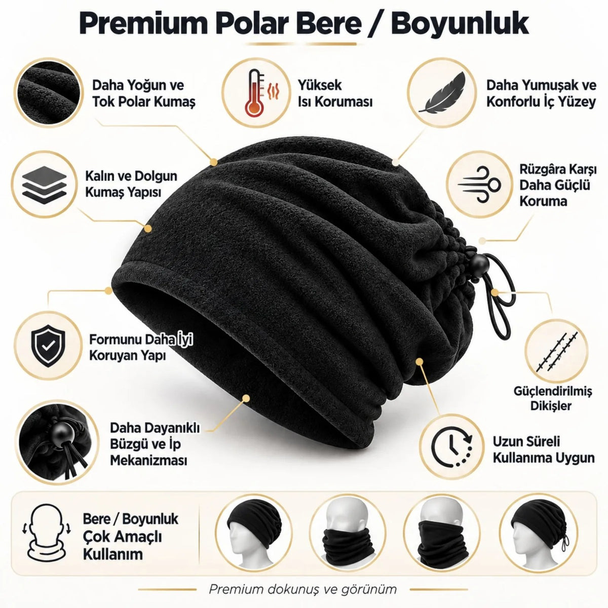 Unisex Premium Polar Bere Boyunluk 2'si 1 Arada Sıcak Tutan Rüzgar Korumalı Outdoor Kışlık Siyah Şık