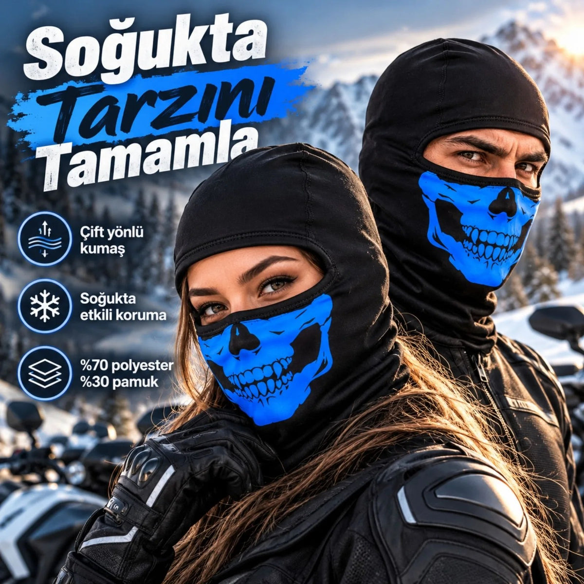 Unisex Mavi Kurukafa Desenli Balaklava Kar Maskesi | Siyah Tam Kafa Motorcu Boyunluk ve Yüz Maskesi!