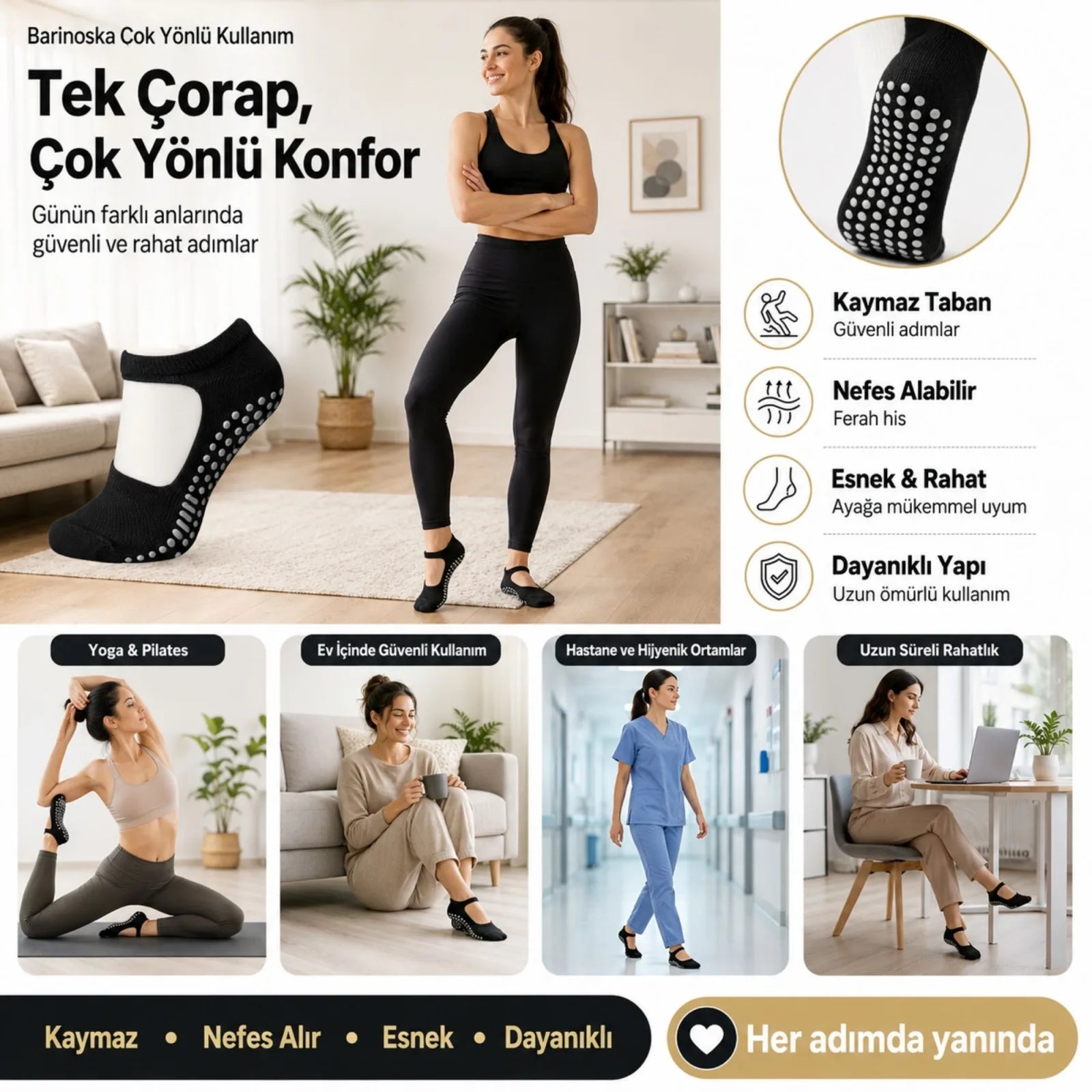 Kaymaz Taban 3'lü Yoga ve Pilates Çorabı Siyah Kadın, Silikon Tabanlı Nefes Alabilir Bilek Bantlı Çorap, Ev Yoga Pilates Trambolin Umre İçin