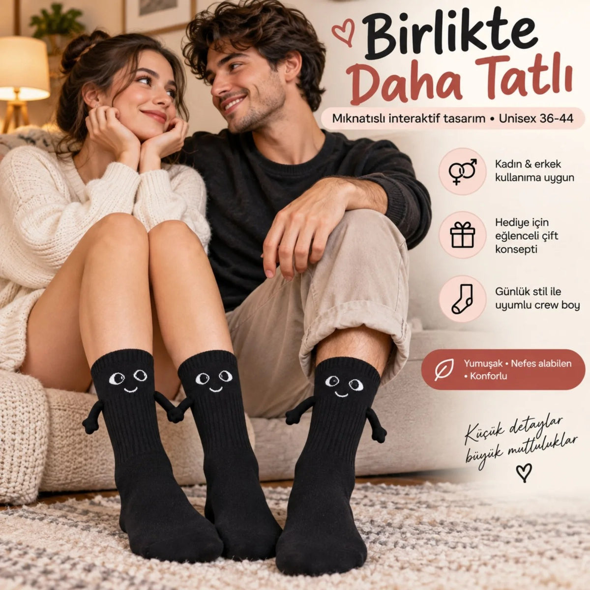 El Ele Tutuşan Mıknatıslı Sevimli Çorap 36-44 - Çift Hediyesi, Pamuklu Renkli Crew Model