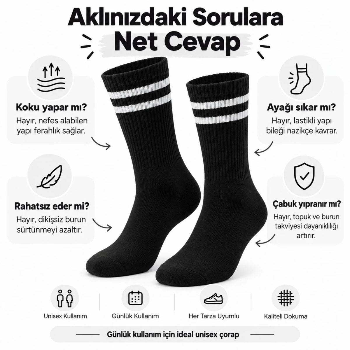 Unisex Siyah Çorap Beyaz Çizgili 12'li Set Uzun Soket Günlük Spor Kolej Stil Kadın Erkek Çorabı