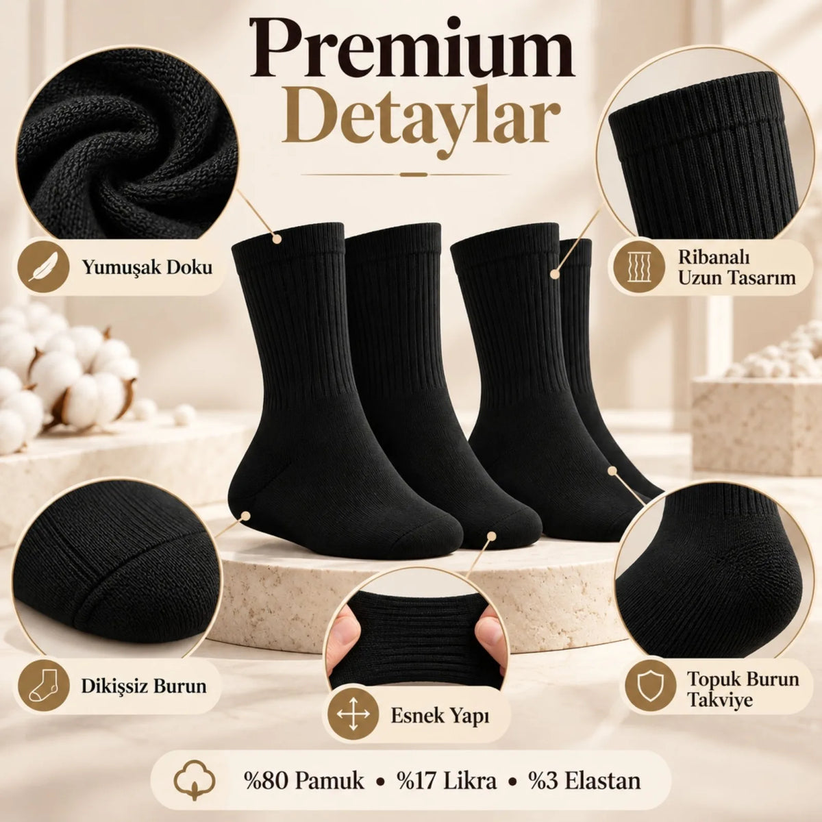 Unisex Siyah Soket Çorap 12'li Set Düz Basic Ribanalı Günlük Spor Esnek Rahat Uzun Çorap Konforlu Set
