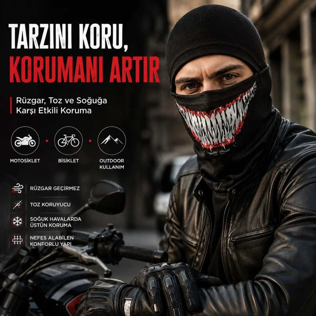 Unisex Tam Yüz Balaklava Diş Desenli Kışlık Maske Nefes Alan Esnek Kask Altı Boyunluk Yumuşak Viskoz