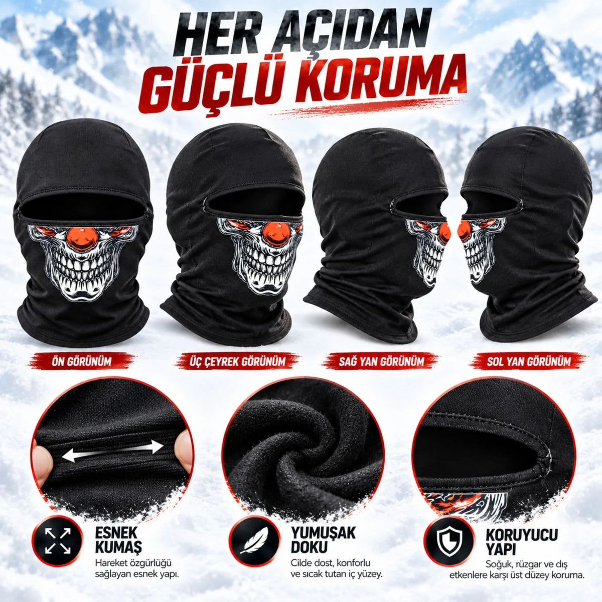 Unisex Şık Palyaço Desenli Balaklava Kışlık Tam Yüz Maske Termal Nefes Alan Esnek Kask Altı Boyunluk