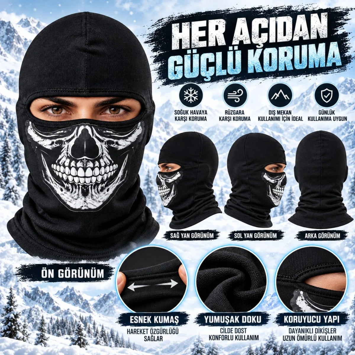 Unisex Kurukafa Desenli Balaklava Kışlık Tam Yüz Maske Nefes Alan Esnek Kask Altı Boyunluk Siyah Set