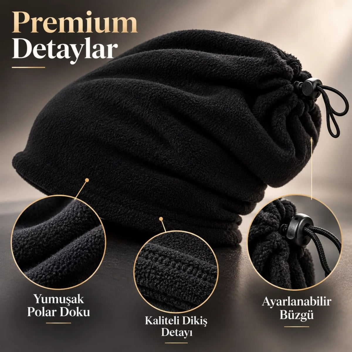 Unisex Polar Bere Boyunluk 2'si 1 Arada Ayarlanabilir Büzgülü Sıcak Tutan Kışlık Siyah Günlük Konfor