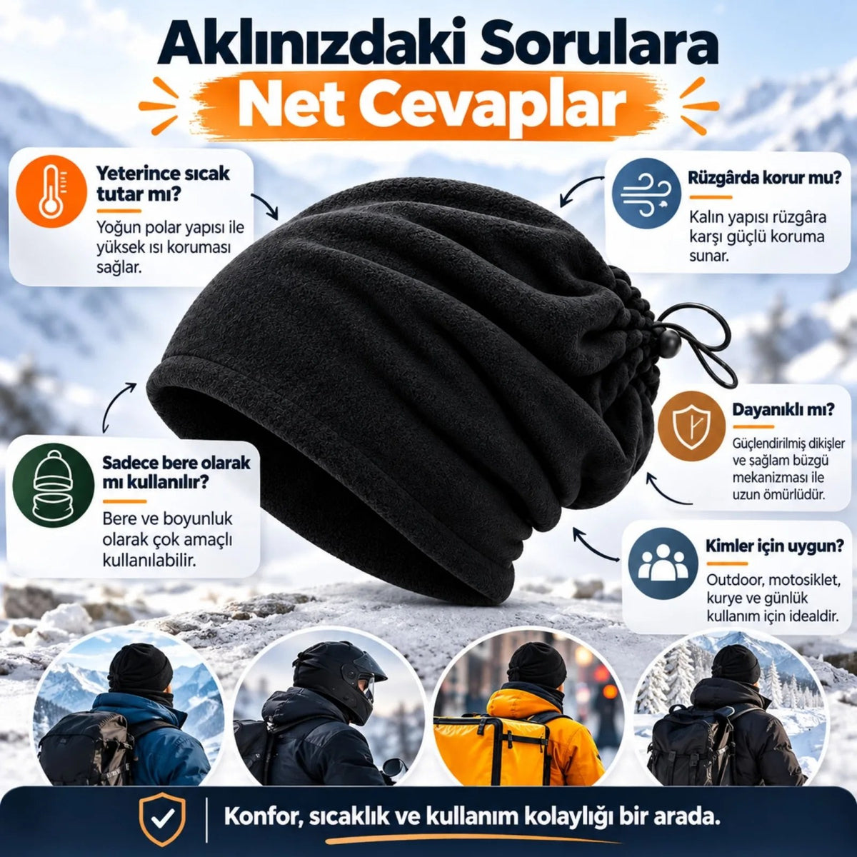 Unisex Premium Polar Bere Boyunluk 2'si 1 Arada Sıcak Tutan Rüzgar Korumalı Outdoor Kışlık Siyah Şık
