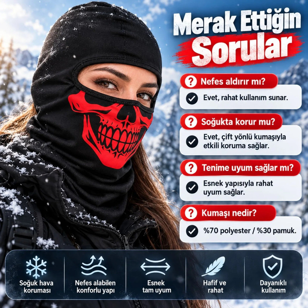 Unisex Kırmızı Kurukafa Desenli Balaklava Kar Maskesi | Siyah Tam Kafa Boyunluk Motorcu Yüz Maskesi!