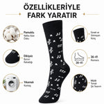 Müzik Notalı Kadın Soket Çorap 36-40 Pamuklu Dikişsiz Burun Siyah Beyaz Uzun Konç