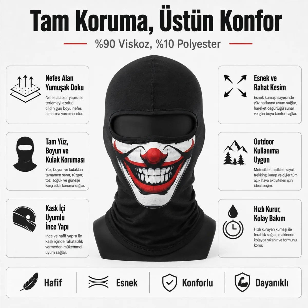 Unisex Palyaço Baskılı Balaklava Maske 1 Adet Tek Beden Viskoz Kask İçi Outdoor Motosiklet Maskesi