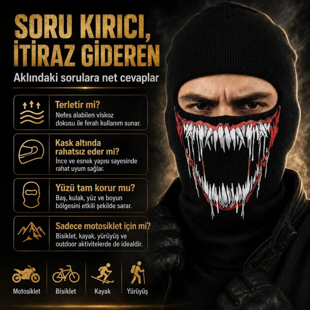 Unisex Canavar Diş Baskılı Balaklava 1 Adet Tek Beden Viskoz Kask İçi Motosiklet Maskesi